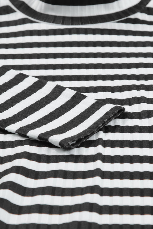 Textured Ribbed Knit Striped Long Sleeve Tee