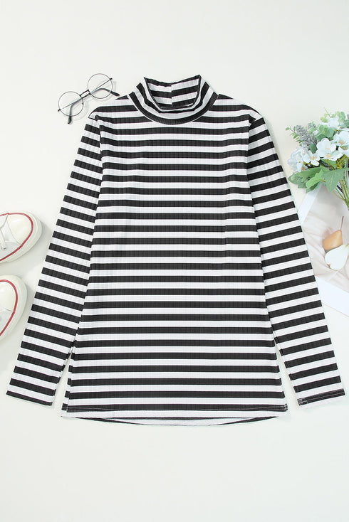 Textured Ribbed Knit Striped Long Sleeve Tee