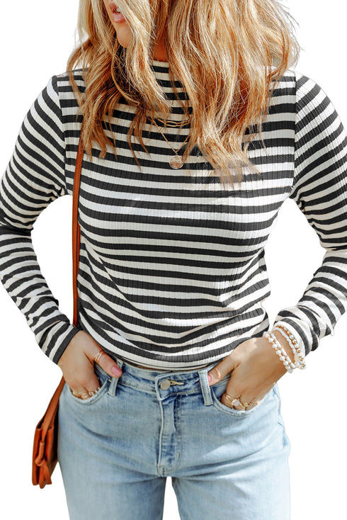 Textured Ribbed Knit Striped Long Sleeve Tee