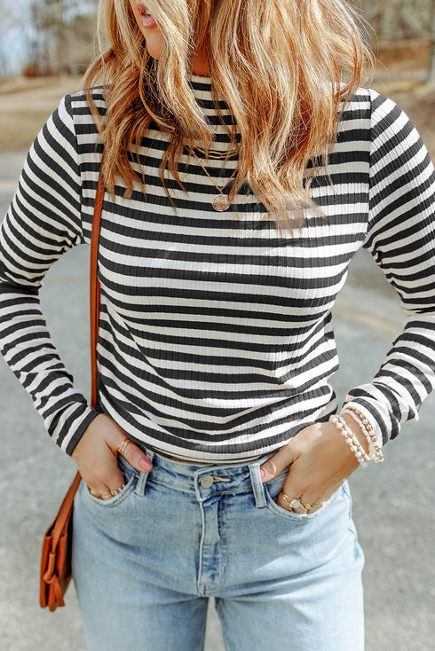Textured Ribbed Knit Striped Long Sleeve Tee