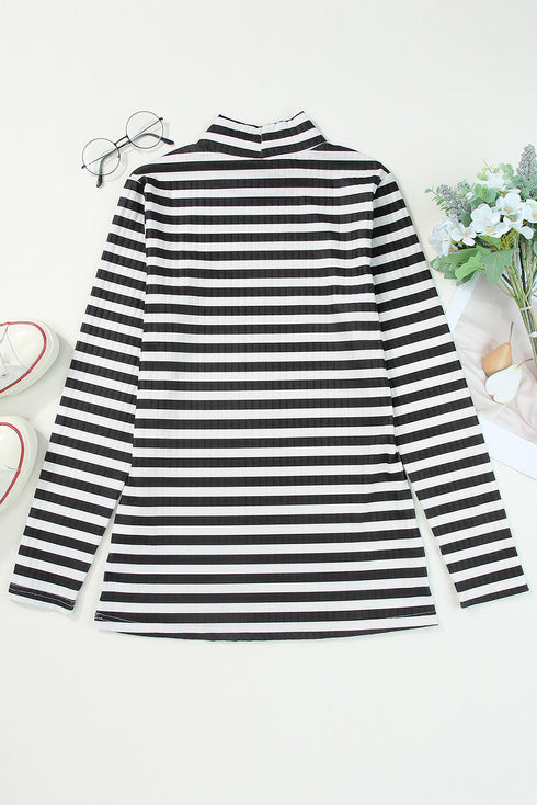 Textured Ribbed Knit Striped Long Sleeve Tee