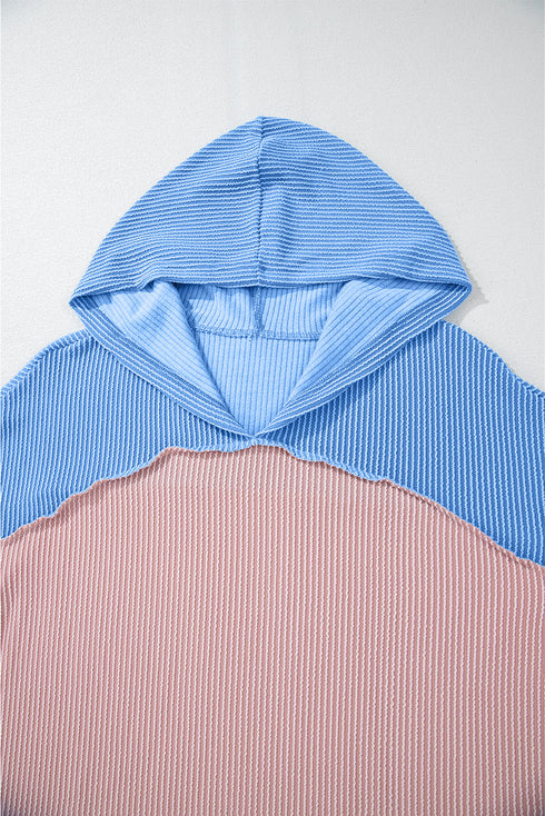 Textured Ribbed Knit V Neck Long Sleeve Hoodie