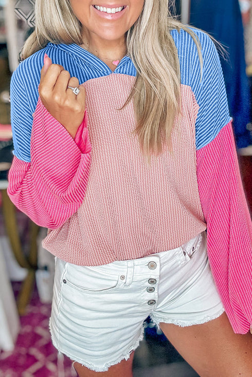 Textured Ribbed Knit V Neck Long Sleeve Hoodie
