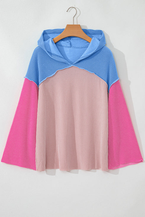 Textured Ribbed Knit V Neck Long Sleeve Hoodie