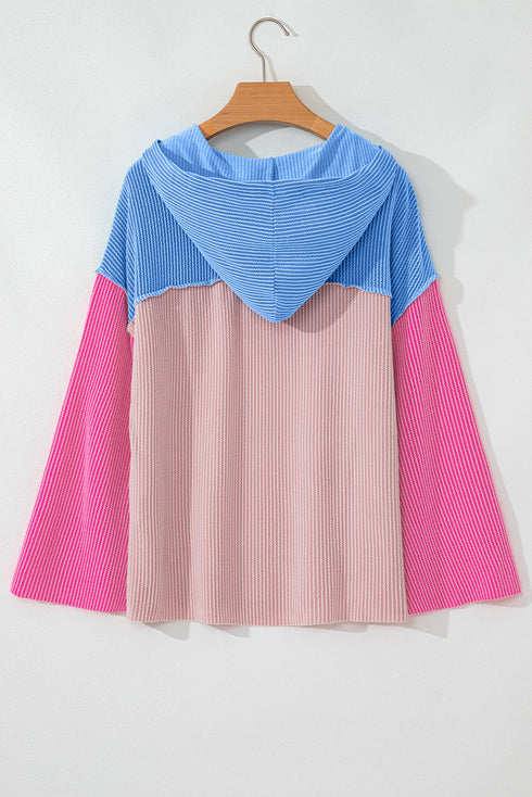 Textured Ribbed Knit V Neck Long Sleeve Hoodie