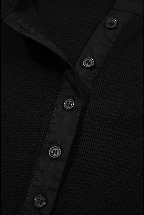 Textured Ribbed Knit Woven Puff Sleeve Button Placket Top