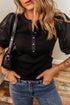 Textured Ribbed Knit Woven Puff Sleeve Button Placket Top