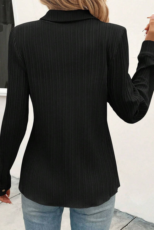 Textured Ribbed Long Sleeve Button Down Collared Shirt