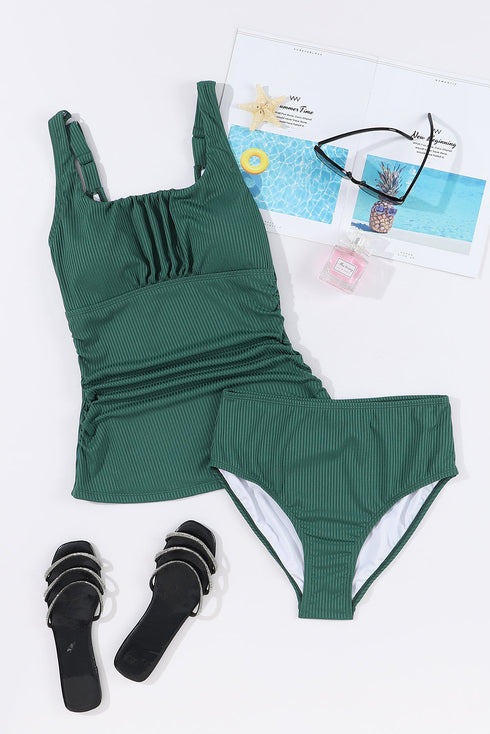 Textured Ribbed Ruched U Neck Tankini Set