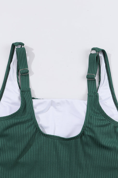 Textured Ribbed Ruched U Neck Tankini Set