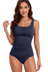 Textured Ribbed Ruched U Neck Tankini Set