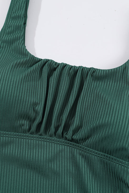 Textured Ribbed Ruched U Neck Tankini Set