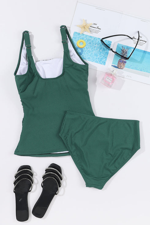 Textured Ribbed Ruched U Neck Tankini Set