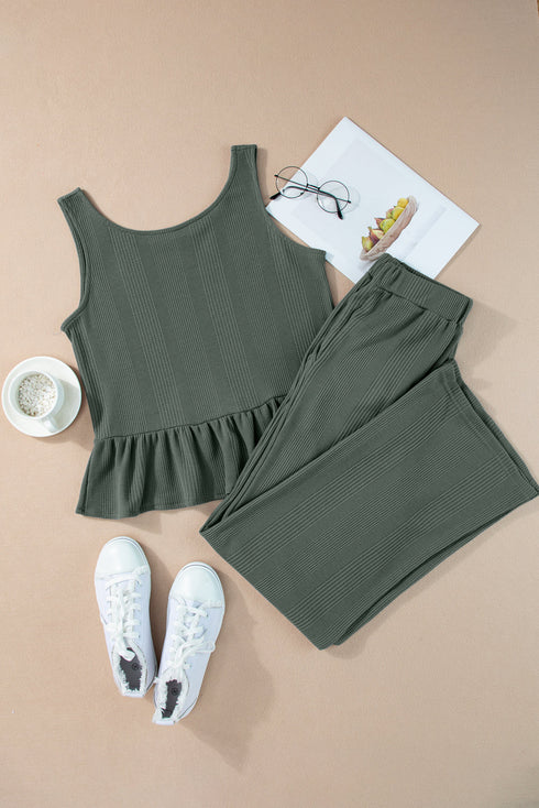 Textured Ribbed Ruffle Tank Top Wide Leg Pant Set