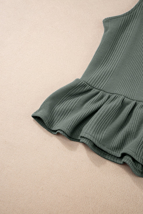 Textured Ribbed Ruffle Tank Top Wide Leg Pant Set