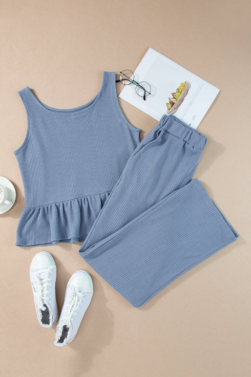 Textured Ribbed Ruffle Tank Top Wide Leg Pant Set