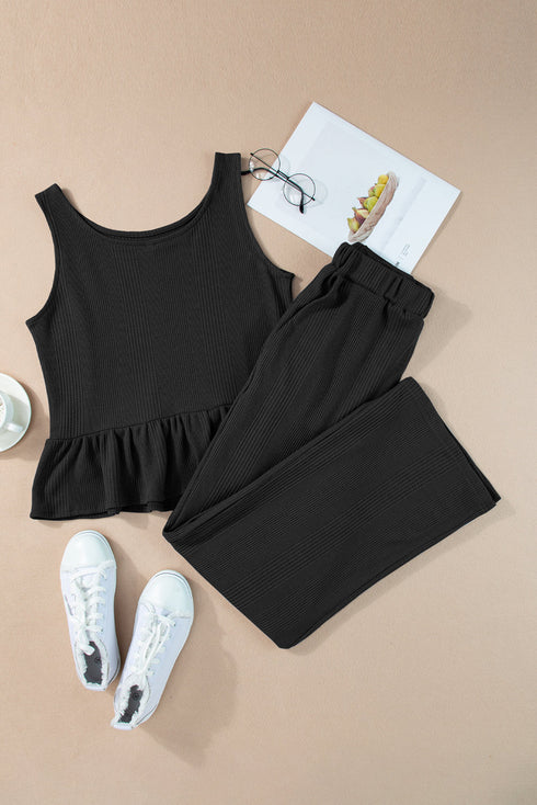 Textured Ribbed Ruffle Tank Top Wide Leg Pant Set
