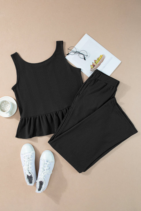 Textured Ribbed Ruffle Tank Top Wide Leg Pant Set