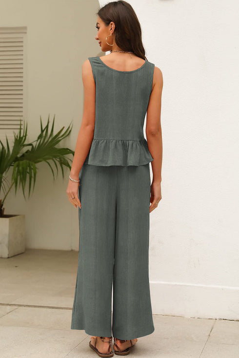 Textured Ribbed Ruffle Tank Top Wide Leg Pant Set