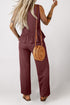 Textured Ribbed Ruffle Tank Top Wide Leg Pant Set