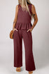 Textured Ribbed Ruffle Tank Top Wide Leg Pant Set