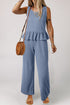 Textured Ribbed Ruffle Tank Top Wide Leg Pant Set