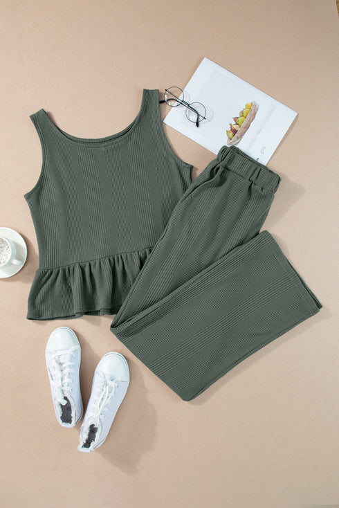 Textured Ribbed Ruffle Tank Top Wide Leg Pant Set