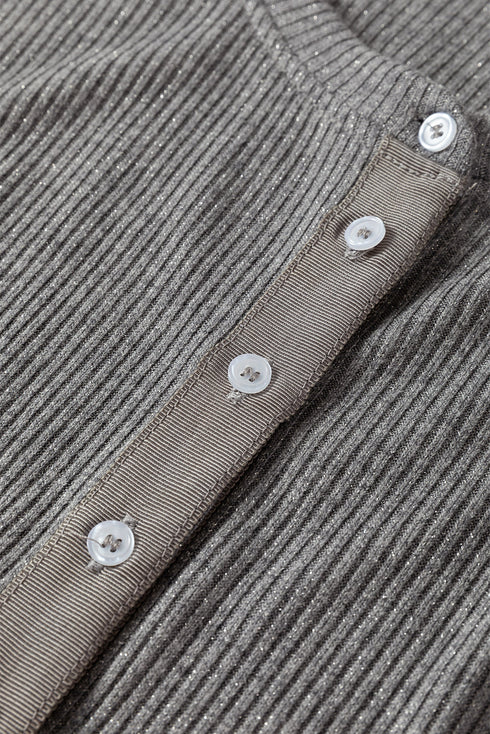 Textured Ribbed Shimmer Knit Button Front Fitted Top