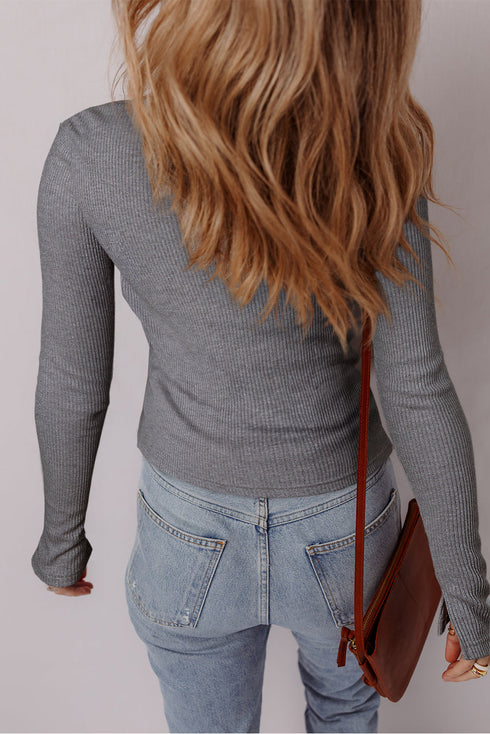 Textured Ribbed Shimmer Knit Button Front Fitted Top
