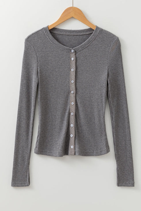 Textured Ribbed Shimmer Knit Button Front Fitted Top