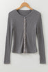 Textured Ribbed Shimmer Knit Button Front Fitted Top