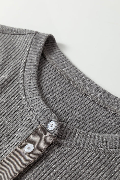 Textured Ribbed Shimmer Knit Button Front Fitted Top