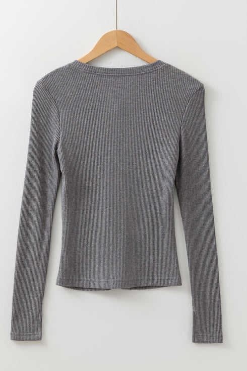 Textured Ribbed Shimmer Knit Button Front Fitted Top