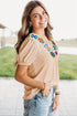 Textured Ribbed Short Sleeve V Neck Floral Blouse