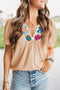Textured Ribbed Short Sleeve V Neck Floral Blouse