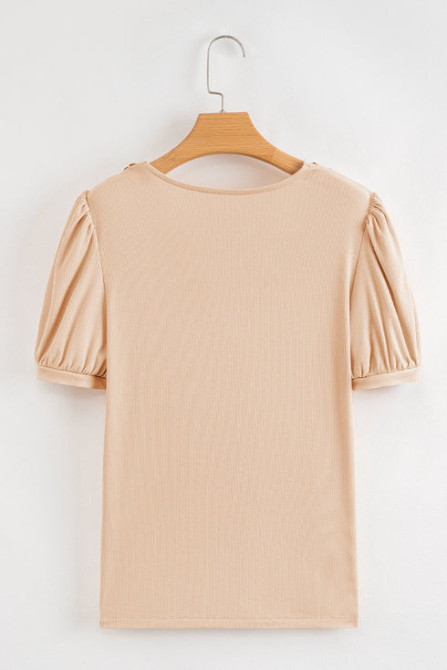 Textured Ribbed Short Sleeve V Neck Floral Blouse
