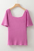 Textured Ribbed Square Neck Flutter Sleeve Knit Top