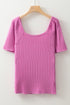 Textured Ribbed Square Neck Flutter Sleeve Knit Top