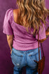 Textured Ribbed Square Neck Flutter Sleeve Knit Top