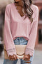 Textured Ribbed V Neck Lace Trim Long Sleeve Top