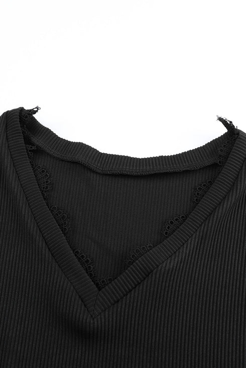 Textured Ribbed V Neck Lace Trim Long Sleeve Top