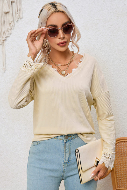 Textured Ribbed V Neck Lace Trim Long Sleeve Top