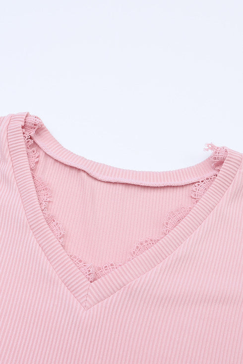 Textured Ribbed V Neck Lace Trim Long Sleeve Top