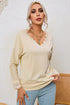 Textured Ribbed V Neck Lace Trim Long Sleeve Top