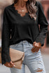 Textured Ribbed V Neck Lace Trim Long Sleeve Top