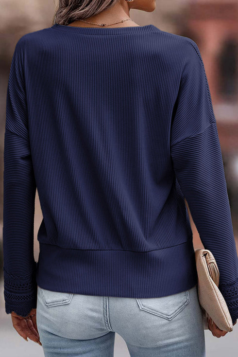 Textured Ribbed V Neck Lace Trim Long Sleeve Top