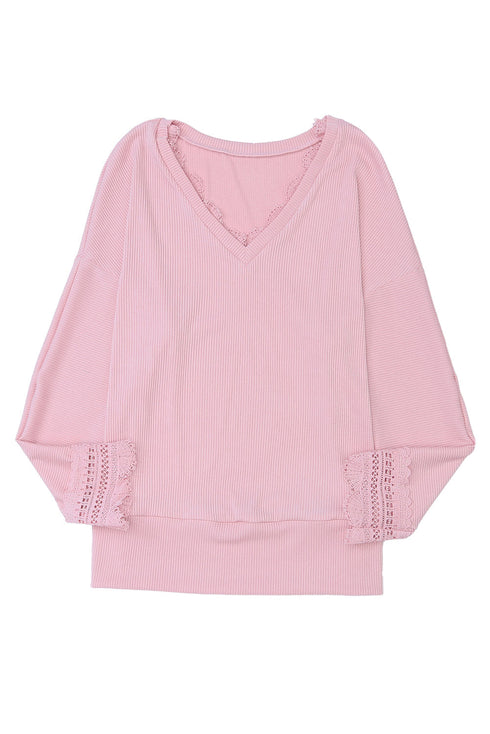 Textured Ribbed V Neck Lace Trim Long Sleeve Top