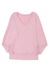 Textured Ribbed V Neck Lace Trim Long Sleeve Top
