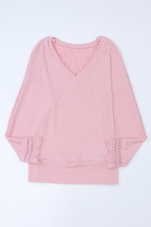 Textured Ribbed V Neck Lace Trim Long Sleeve Top