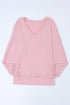 Textured Ribbed V Neck Lace Trim Long Sleeve Top